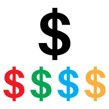 Dolar simgesi farklı renklerde ayarlandı. Para ikonu. Renkli dolar simgeleri. Vektör illüstrasyonu