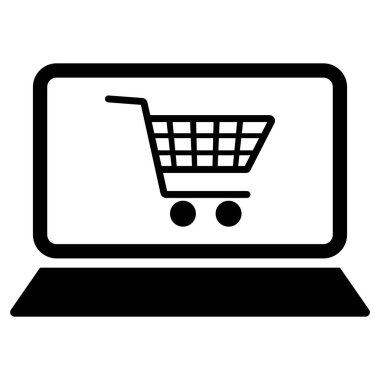 Çevrimiçi alışveriş simgesi beyaz arkaplanda izole edildi. Alışveriş arabası ikonlu dizüstü bilgisayar işareti. Vektör illüstrasyonu