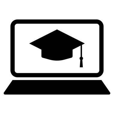 Mezuniyet şapkası ve dizüstü bilgisayar simgesi. Online öğrenme simgesi. Vektör illüstrasyonu