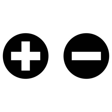 Artı ve eksi düz dizayn simgeleri beyaz arkaplanda izole edilmiş. Pozitif ve negatif ikonlar. Vektör illüstrasyonu
