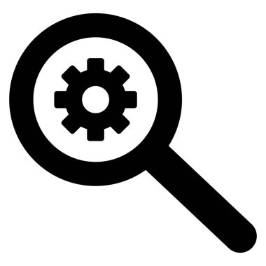 Ayarlama simgesi olan büyüteç. Büyüteç ve vites simgeleriyle iş analizi imzası. Vektör illüstrasyonu