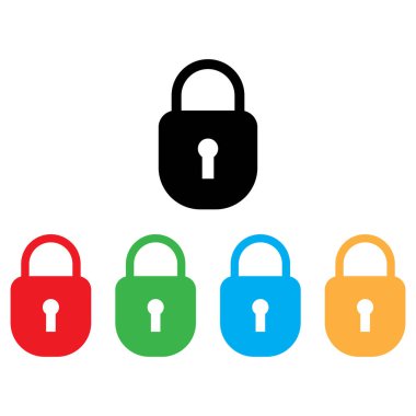 Renkli asma kilit simgesi farklı renklerde ayarlandı. Kilit simgesi. Vektör illüstrasyonu