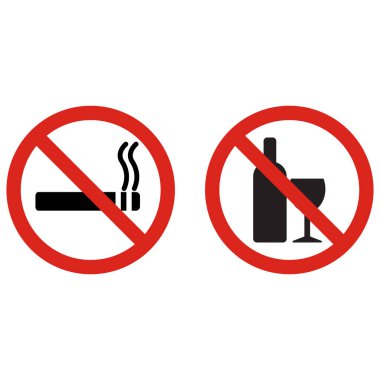 Sigara ve alkol işareti yok. Sigara ikonu ve içki ikonu yok. Vektör illüstrasyonu