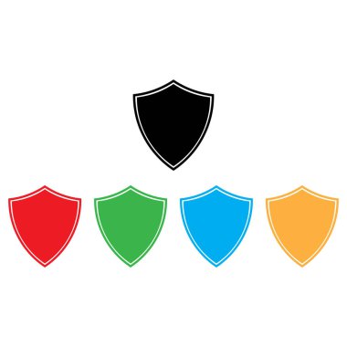 Beyaz arkaplanda beş renk izole edilmiş renkli kalkan simgesi. Güvenlik rozeti ikonu. Vektör illüstrasyonu