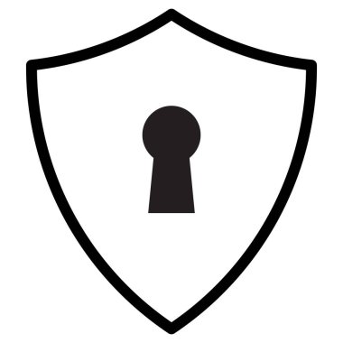 Beyaz arkaplanda izole edilmiş anahtar deliği simgesine sahip kalkan. Kalkan güvenlik kilidi ikon vektörü