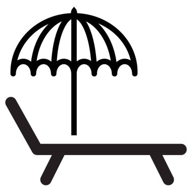 Şemsiye ve güneş ışığı ikonu. Güneş yatağı ikonu ve şemsiye ikonu. Plaj sandalyesi sembolü. Vektör illüstrasyonu