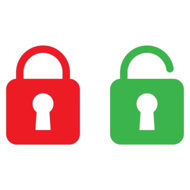 Kırmızı ve yeşil olarak açık ve kapalı asma kilit simgeleri. Kilitli ve açık ikonlar. Vektör illüstrasyonu