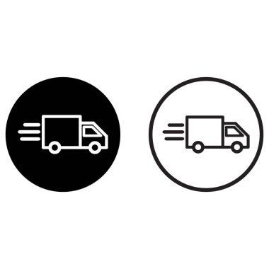 Hızlı nakliye kamyonu simgesi iki şekilde ayarlandı. Teslimat kamyonu ikonu. Vektör illüstrasyonu