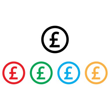 Renkli İngiliz pound ikonu farklı renklerde dizilmiş. Sterling pound ikonu. Vektör illüstrasyonu
