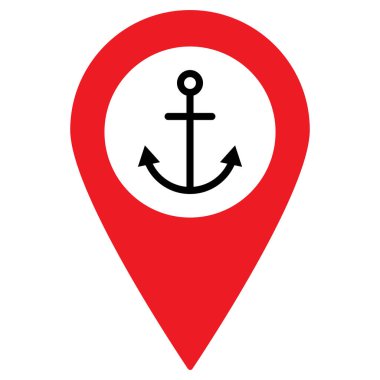 Harita işaretleyicisi ve çapa simgesi. Deniz limanı harita konumu simgesi. Vektör illüstrasyonu