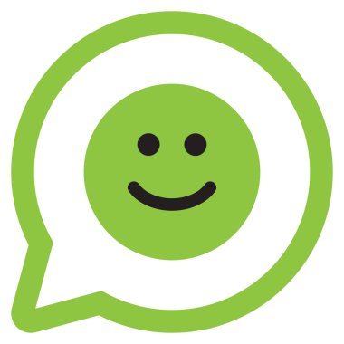 Gülen yüz ikonlu konuşma balonu. Yeşil gülen yüz ikonu. Gülen surat ikonu. Vektör illüstrasyonu