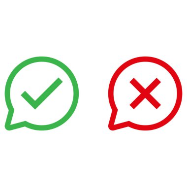 Evet ve konuşma balonunda kontrol işareti yok. Konuşma balonunda işaretle işaretle işaretle. Vektör illüstrasyonu