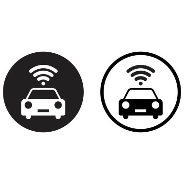 Kablosuz internet ikonu olan araba iki şekilde ayarlanmış. Akıllı araba ikonu. Bağlı araba simgesi. Vektör illüstrasyonu