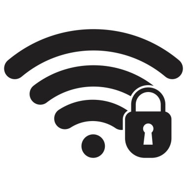 Wifi güvenlik simgesi. Kilitli kablosuz bağlantı sinyali simgesi. Kilit simgesi olan bir eş. Vektör illüstrasyonu