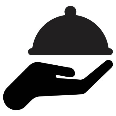 Yemek servisi simgesi. Garson el, servis tabağı ikonunu tutuyor. Yemek servisi sembolü. Vektör İllüstrasyonu