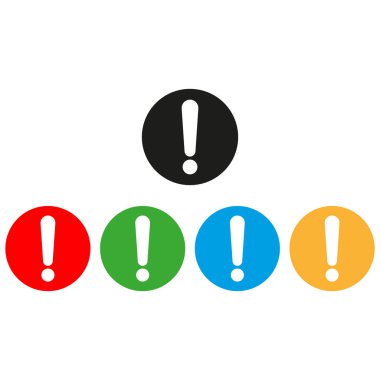 Renkli hata simgesi farklı renklerde ayarlandı. Ünlem sembollü uyarı simgesi. Uyarı sembolü. Vektör illüstrasyonu