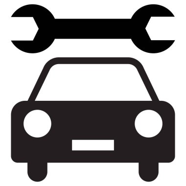 Araba tamir atölyesi ikonu. İngiliz anahtarı ikonlu araba. Vektör illüstrasyonu