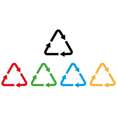 Renkli geri dönüşüm simgesi farklı renklerde ayarlandı. Ürün paketleme etiketleri için geri dönüşüm üçgeni simgesi. Vektör illüstrasyonu