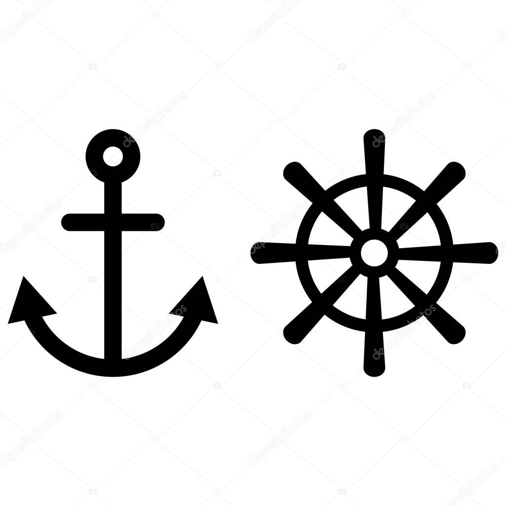 Anchor and rudder icons . Ship anchor vessel nautical symbols . Vector illustration