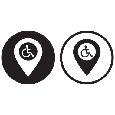 Engelli simgesine sahip harita işaretleyicisi iki şekilde ayarlandı. Tekerlekli sandalye haritası simgesi. Vektör illüstrasyonu
