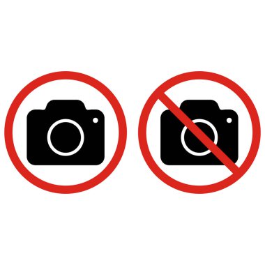 Kamera simgesi seti yok. Fotoğraf işareti yok. Fotoğraf yasaklanmış uyarı işareti. Kamera ikona izin vermiyor. Vektör illüstrasyonu