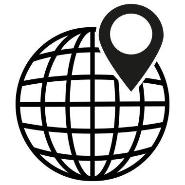 Küre ve konum ikonu. Genel konum simgesi. Tarayıcı iğne simgesi. Vektör illüstrasyonu