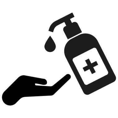 El dezenfektanı ikonu. Dezenfektan sıvı sabun ikonuyla el yıkama. Ellerini sıvı sabun ikonuyla yıka. Vektör illüstrasyonu