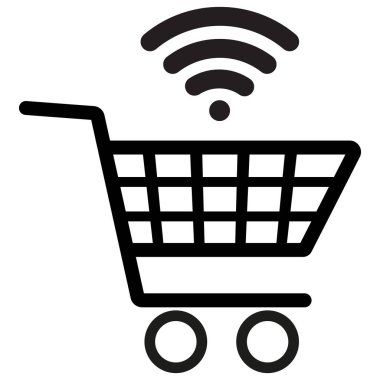 Kablosuz internet ikonlu alışveriş arabası. Akıllı alışveriş arabası tabelası. Araba kablosuz internet ve tramvay ikonu. Vektör illüstrasyonu
