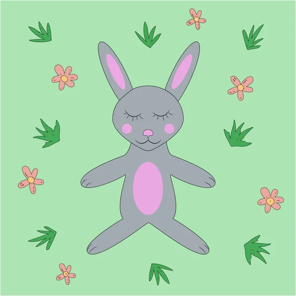 かわいい面白いウサギは自然の中で草の中で寝ている ベクトル画像 子供のイラスト パステルの花 — ストックベクタ