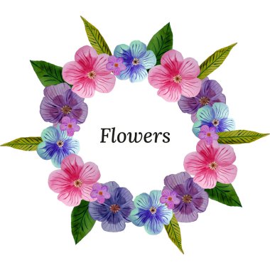 Suluboya ile süslenmiş parlak bir çelenk. Matbaa ürünleri, tekstil ürünleri, davetiyeler, kartpostallar ve tatil davetiyeleri için uygun. Beyaz arka planda parlak yaz çiçekleri.