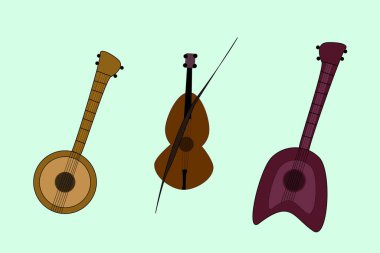 Vektör görüntüsü. Müzik aletleri, ikonlar. Banjo, gitar, keman.