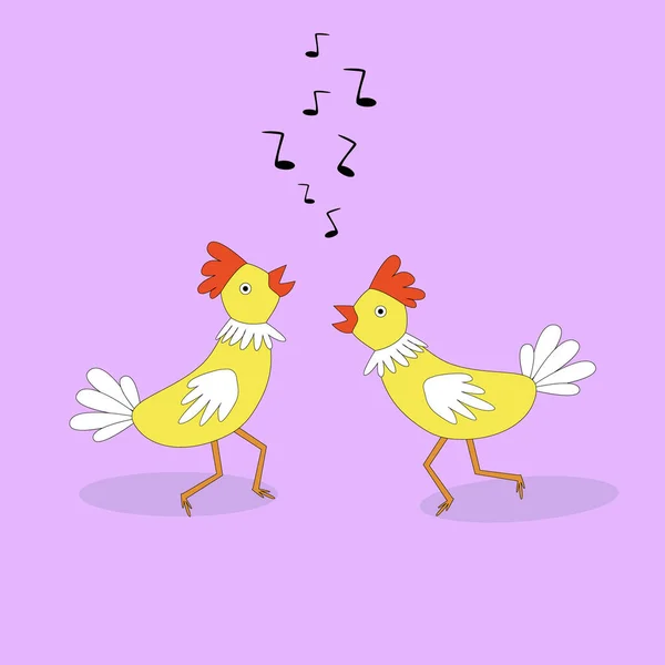 Zwei Zeichentrickhühner Singen Vektorbild Lustiges Bild Kindisch Niedlich Melodisches Zeichen — Stockvektor