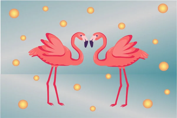 Niedlich Zwei Flamingos Vektorillustrationskomposition Mit Liebesvögeln Blauer Hintergrund Perlen Natur — Stockvektor