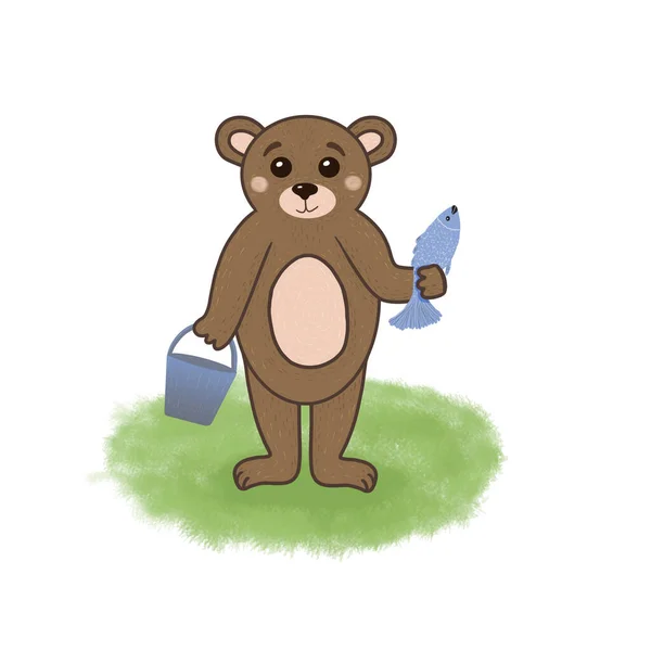 Illustration of a cute bear with a fish and a bucket in his hands. Colored children\'s picture. Funny bear on a fishing trip