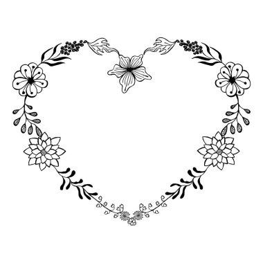 Elle çizilmiş çiçek elementlerinden yapılmış kalp şeklinde bir çerçeve. Beyaz arkaplanda izole, basit elementler.