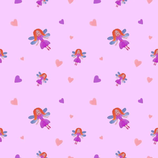 Niedliches Aquarellmuster Mit Feen Auf Rosa Hintergrund Muster Für Kinder — Stockfoto
