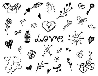 Aşk elini çiz. Siyah çizgi elementleri beyaz arkaplanda izole edildi. Tatiller, düğünler, sevgililer günü, aşk. Yazdırma ve web simgeleri için uygun