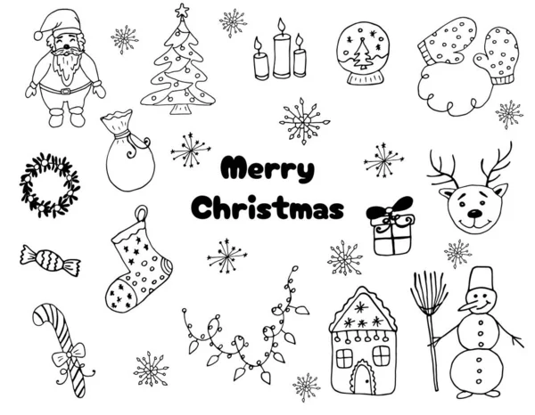 stock vector Christmas and New Year doodle set of black hand-drawn liner elements. Party, holiday, congratulations. Can be used for printing and web icons