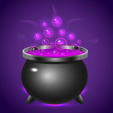 İksir ve baloncuklu mor cadı kazanı. Cadılar Bayramı. Mistik dekorasyonlar ve arka planlar
