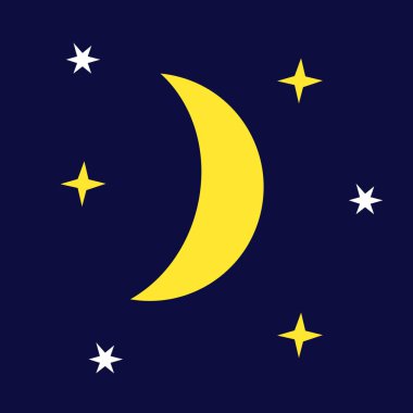  Koyu mavi arka planda sarı hilal ve beyaz yıldızların vektör peri masalı görüntüsü, basit tek element. El ilanları, posterler, davetiyeler, tatiller, ikonlar için uygun