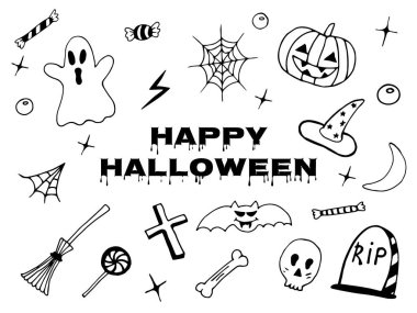 Cadılar Bayramı karalama seti, simge koleksiyonu el çizimi