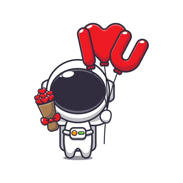 Cute Astronaut Cartoon Character Holding Love Balloon Love Flowers Vector — Archivo Imágenes Vectoriales