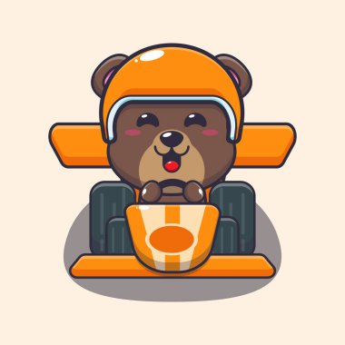 Cute bear mascot cartoon character riding race car.