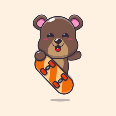 Cute bear mascot cartoon character with skateboard.
