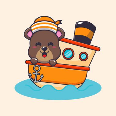 Cute bear mascot cartoon character on the ship.