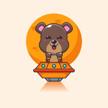 Cute bear mascot cartoon character fly with ufo.
