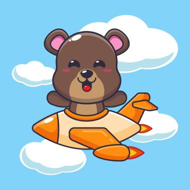 Cute bear mascot cartoon character ride on plane jet. 