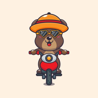 Cool bear with sunglasses riding a motorcycle in summer day. Cute summer cartoon illustration.