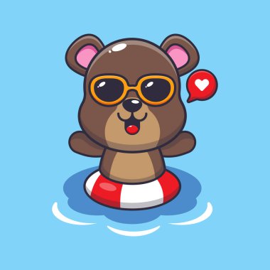 Cute bear in sunglasses swimming on beach. Cute summer cartoon illustration.