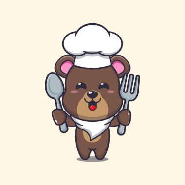 Cute chef bear mascot cartoon character holding spoon and fork. 